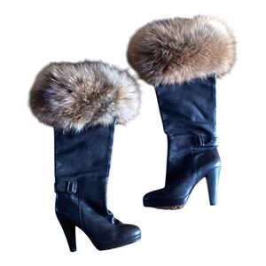 Rudsak Black Leather Genuine Fur Trim Knee High High Heeled Designer Boots 37